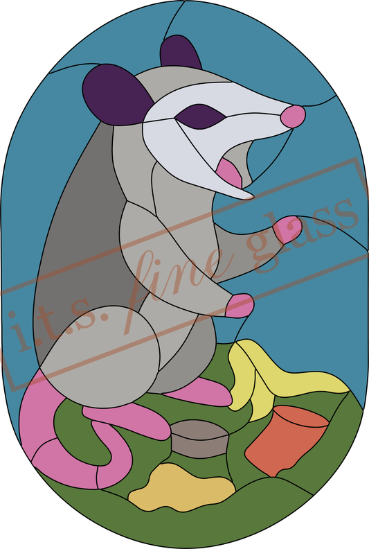 Opossum and Trash Stained Glass Pattern