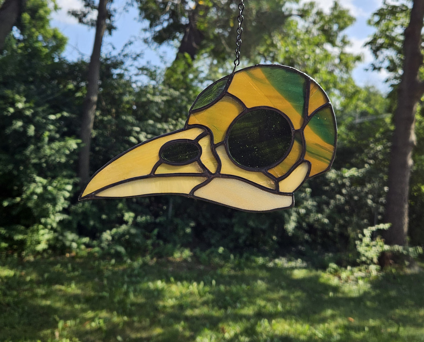 Handmade Stained Glass Suncatcher: Crow Skull