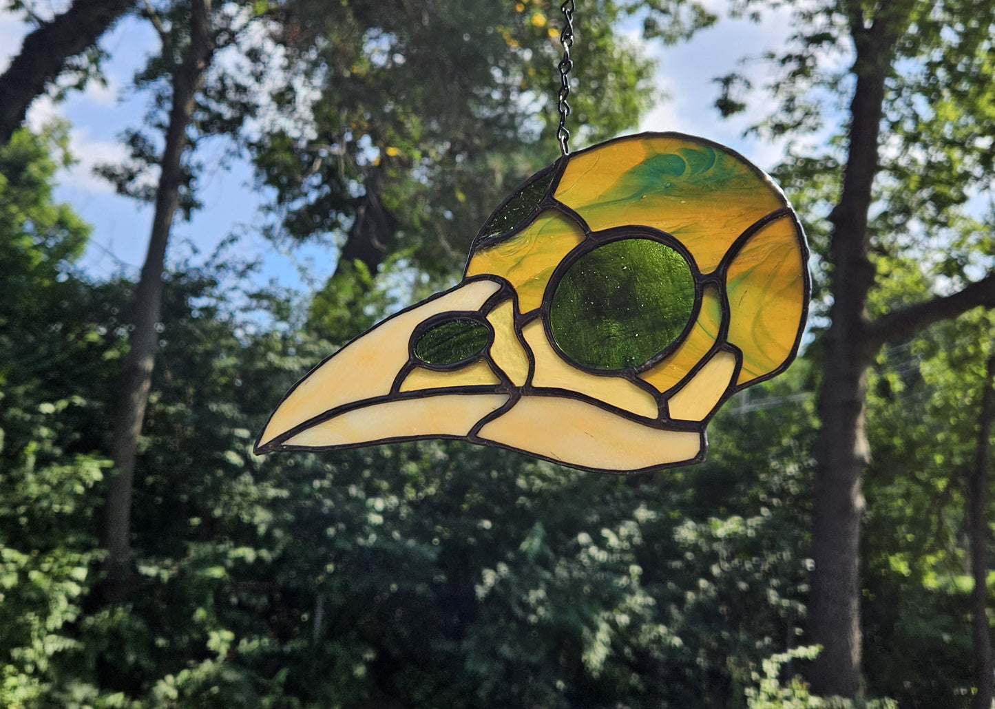 Handmade Stained Glass Suncatcher: Crow Skull