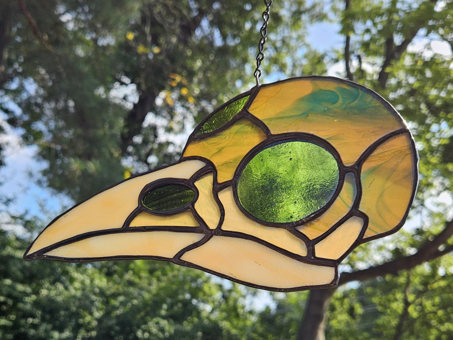 Handmade Stained Glass Suncatcher: Crow Skull