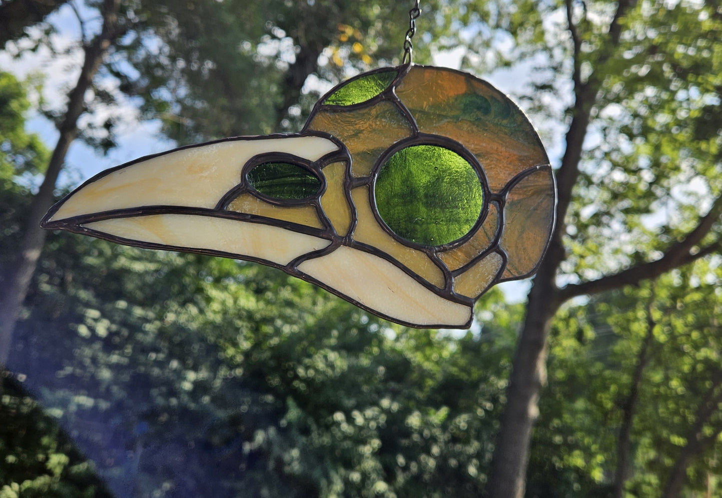 Handmade Stained Glass Suncatcher: Crow Skull