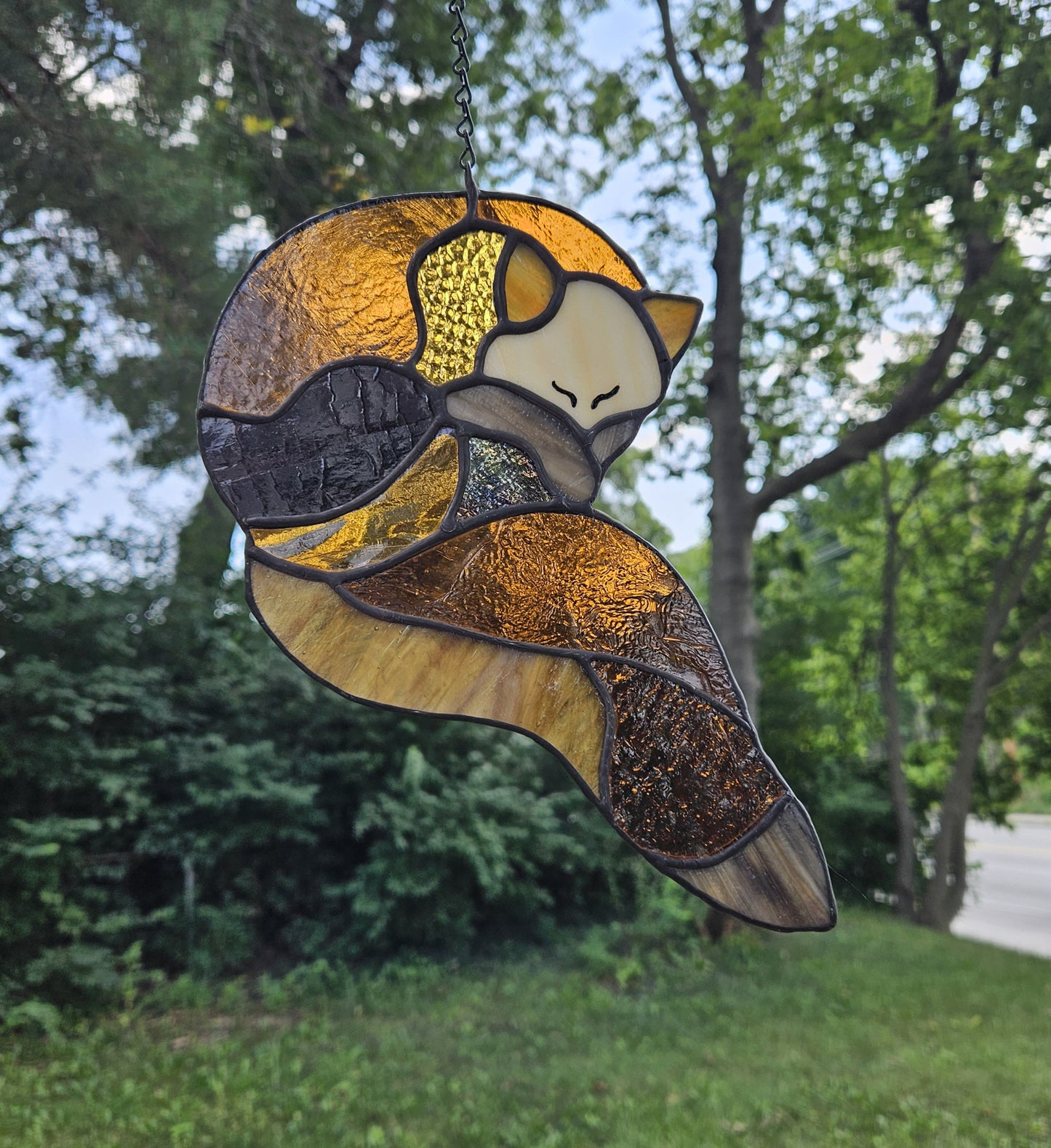 Handmade Stained Glass Suncatcher: Sleeping Fox
