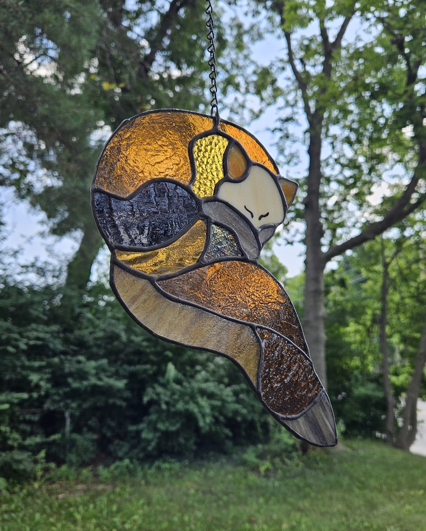 Handmade Stained Glass Suncatcher: Sleeping Fox