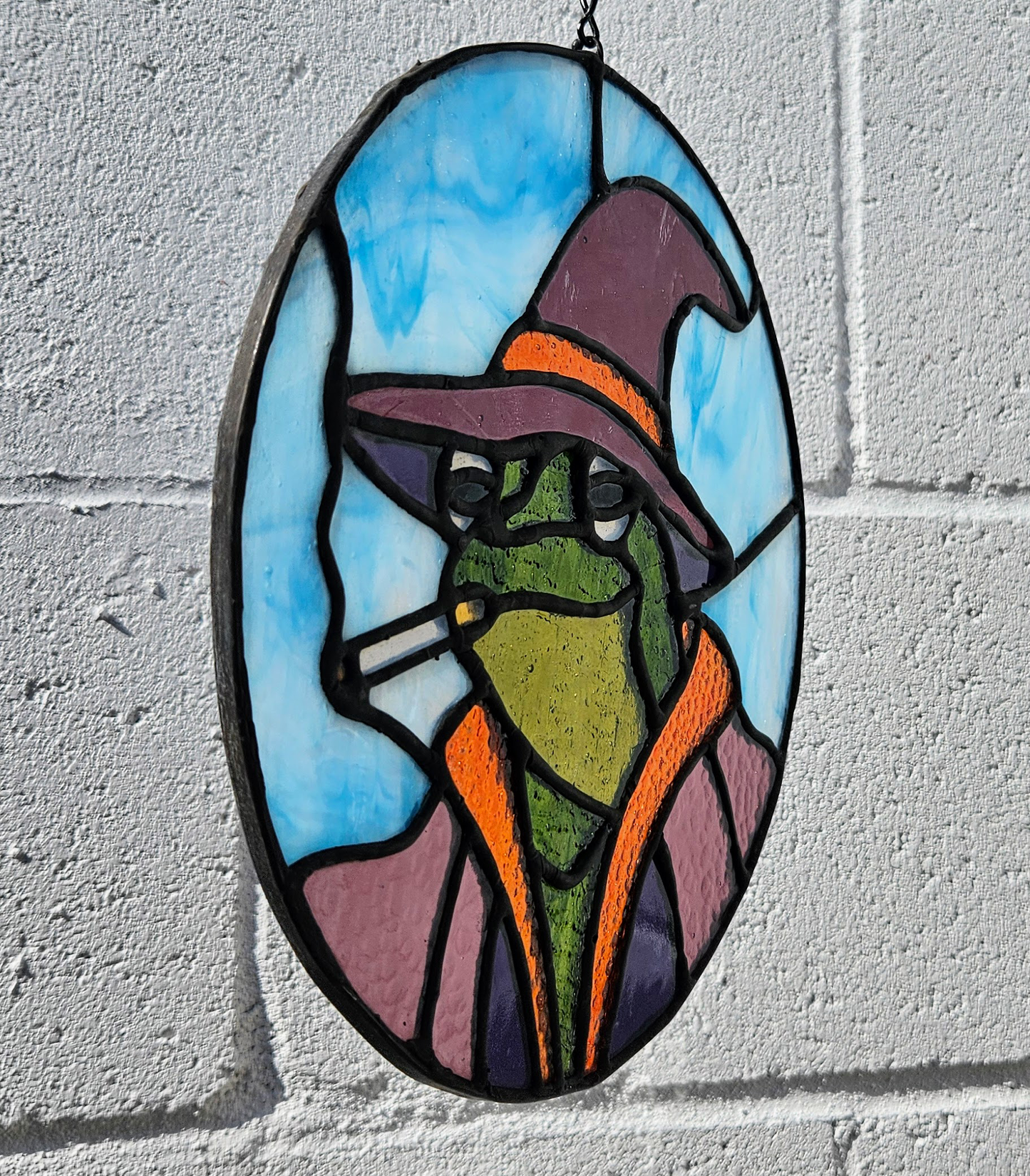 'Lil Smoking Wizard Frog Stained Glass Panel