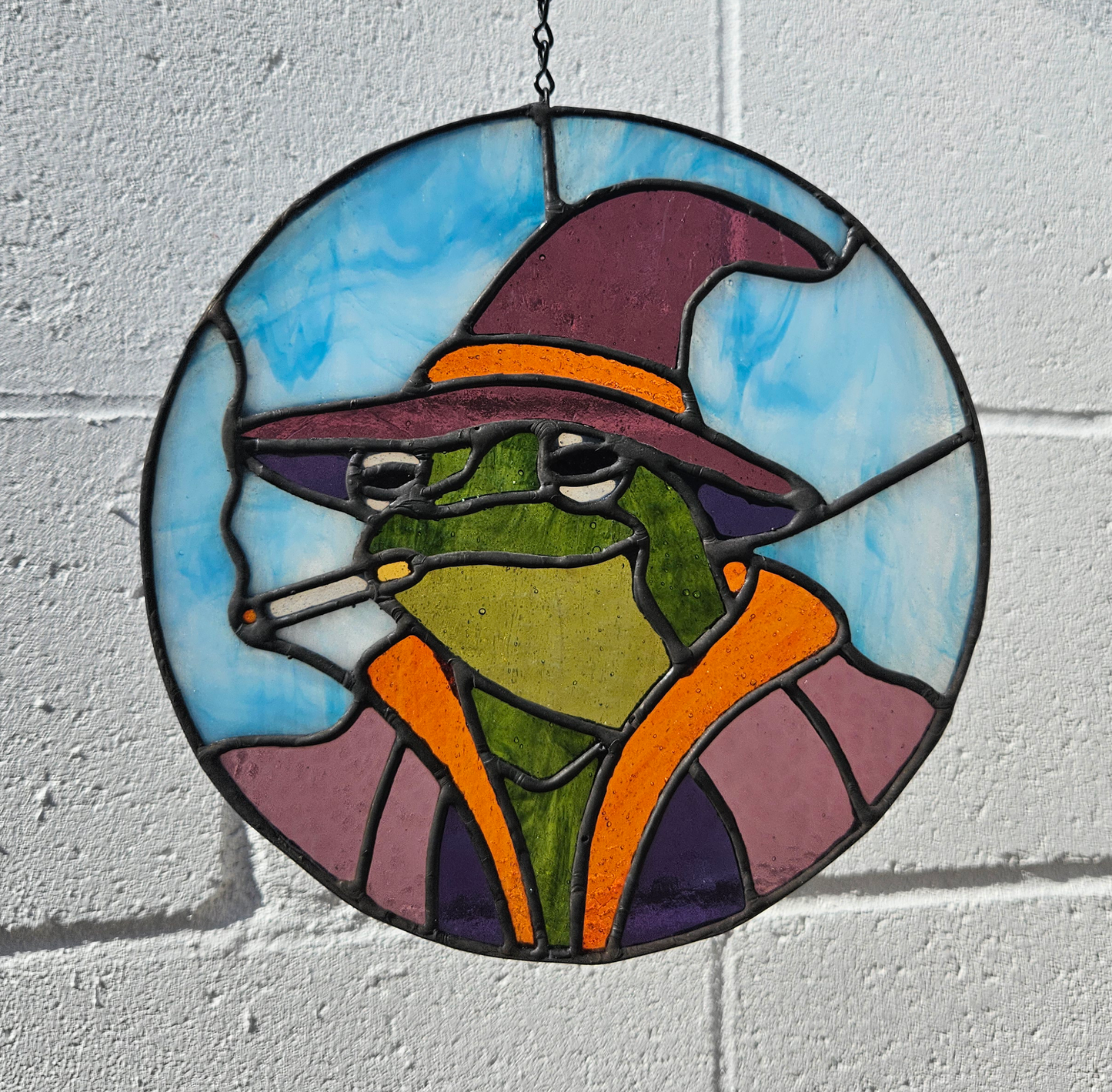 'Lil Smoking Wizard Frog Stained Glass Panel