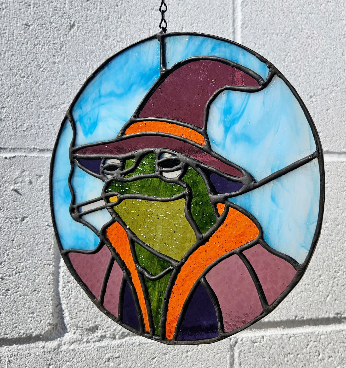'Lil Smoking Wizard Frog Stained Glass Panel