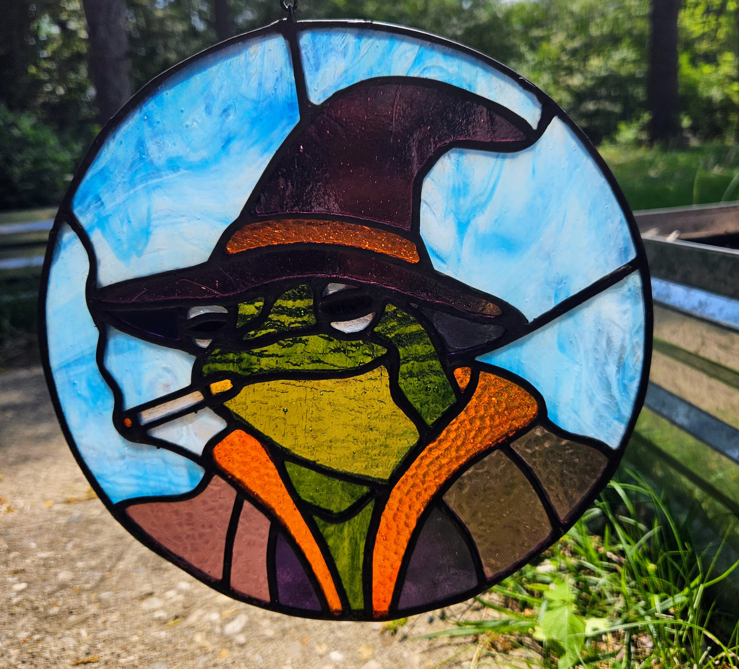 'Lil Smoking Wizard Frog Stained Glass Panel