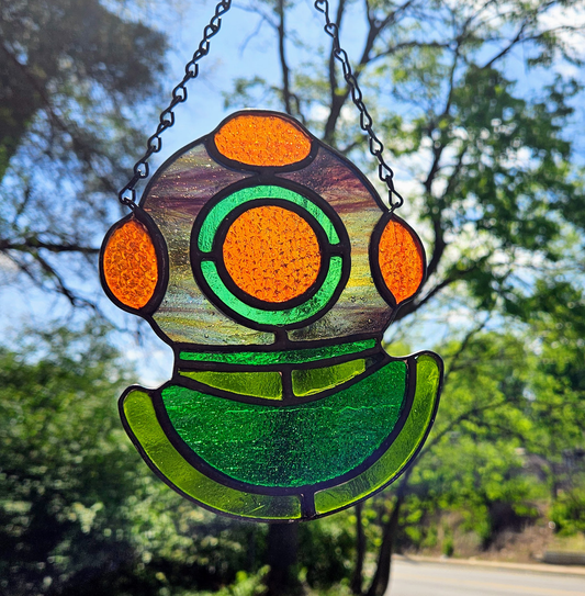 Vintage Deep Sea Diver Helmet Stained Glass