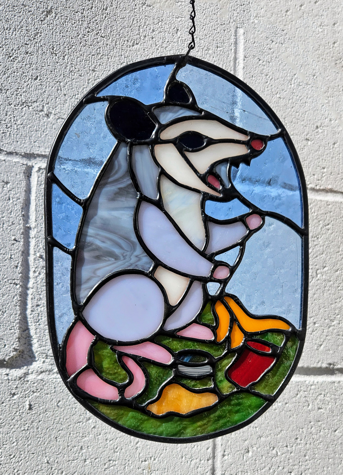Opossum and Trash Stained Glass