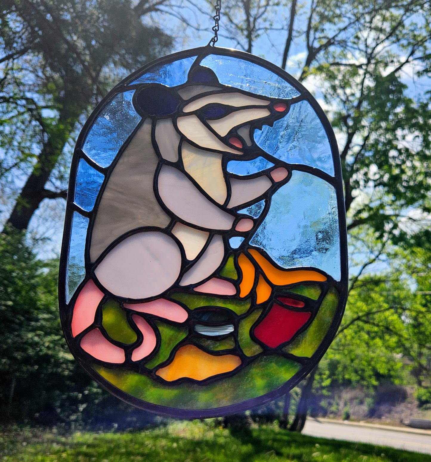 Opossum and Trash Stained Glass
