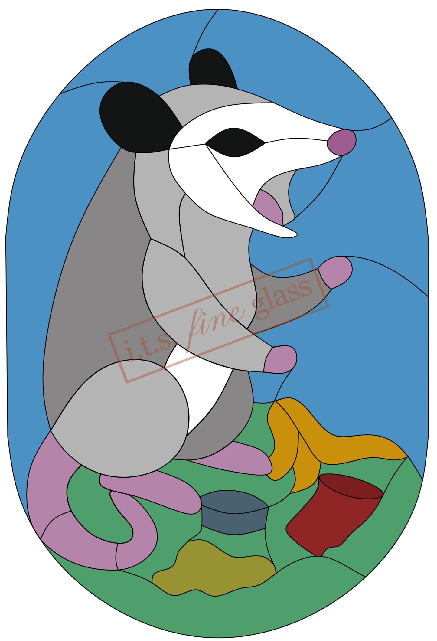 Opossum and Trash Stained Glass Pattern
